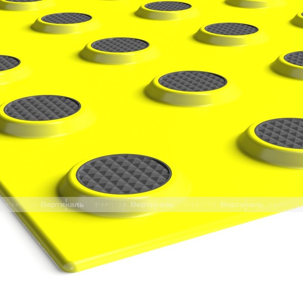 Плитка тактильная (преодолимое препятствие, конусы линейные) 600х600х6, KM, желтый/черный – фото № 2
