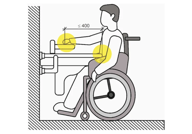 Расположение поручня по переднему краю раковины затрудняет доступ к крану инвалиду на кресле-коляске