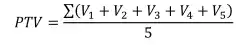 Результат теста PTV как среднее арифметическое значение пяти измерений (формула)