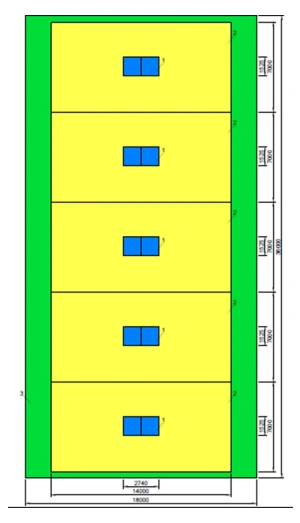 Спортивная зона для настольного тенниса (вариант расстановки столов в зале 36х18м)