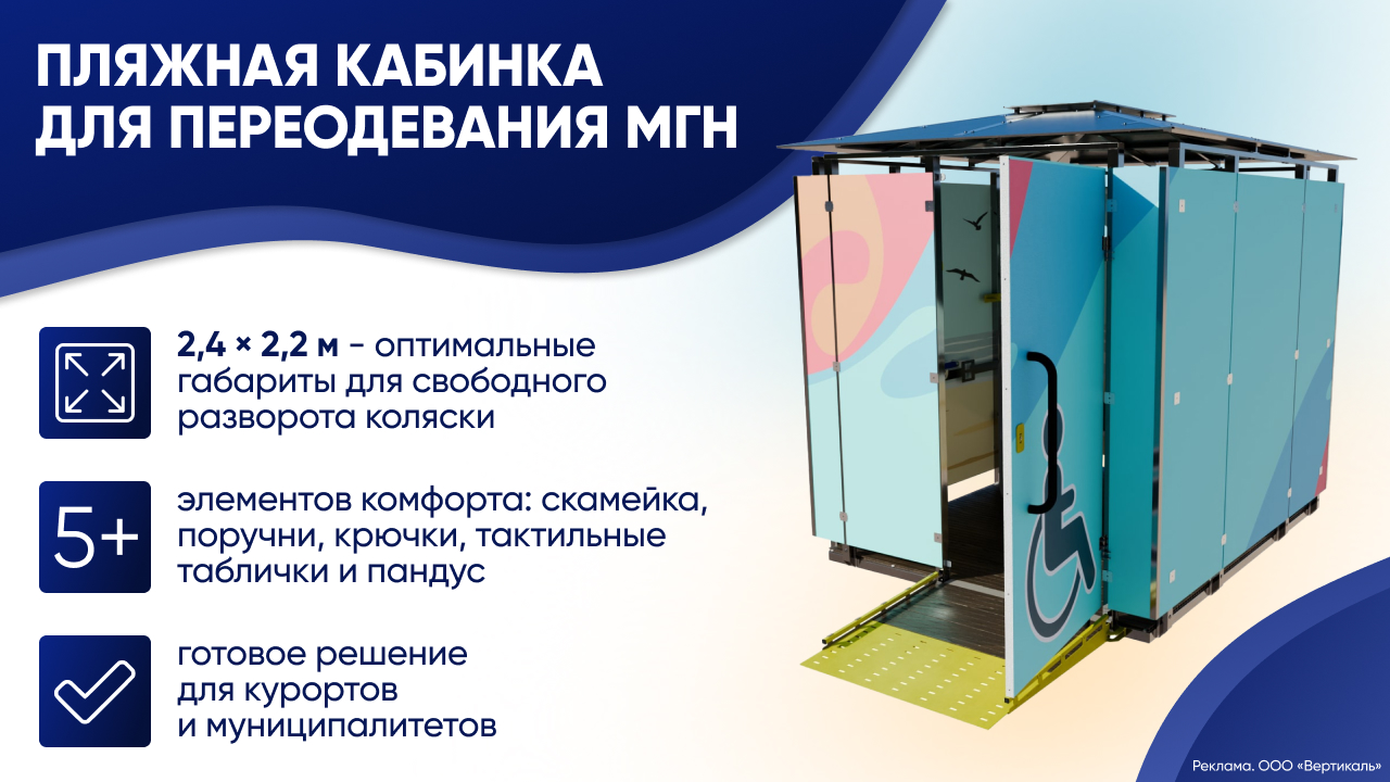 Новая пляжная кабинка обеспечивает пространство для маневрирования коляски и переодевания с лежаком и поручнями