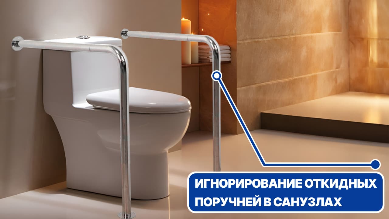 Неоткидной поручень в туалете, блокирующий подъезд инвалидной коляски