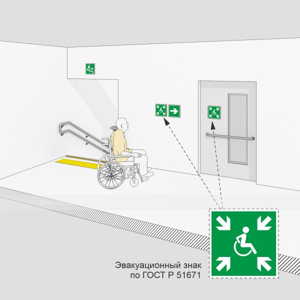 Знак эвакуационный «Направление движения к пункту (месту) сбора для инвалидов», вниз, правосторонний, фотолюминесцентный – фото № 2