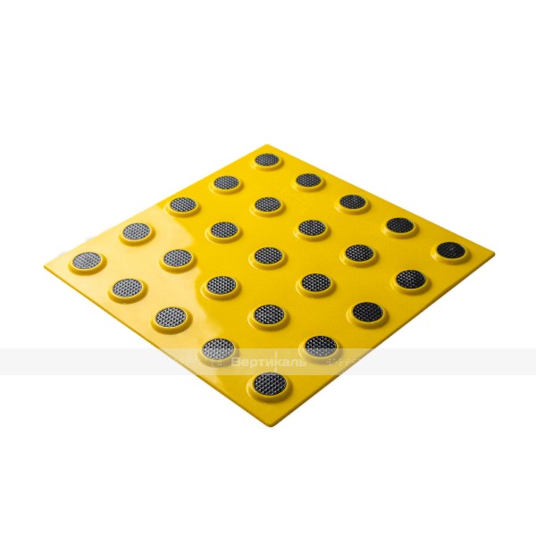 Плитка тактильная контрастная, со сменными рифами (преодолимое препятствие, поле внимания, конусы линейные), 300х300х6, PU/PL, желтый/черный – фото № 2