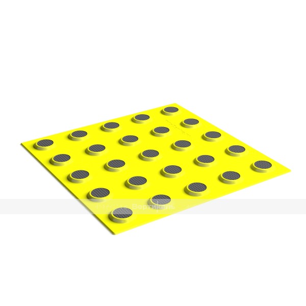Плитка тактильная контрастная, со сменными рифами (преодолимое препятствие, поле внимания, конусы линейные), 300х300х6, PU/PL, желтый/черный – фото № 1