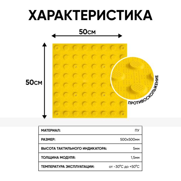 Плитка тактильная (преодолимое препятствие, поле внимания, конусы линейные) противоскользящая, 500х500х5, ПУ, желтый – фото № 2