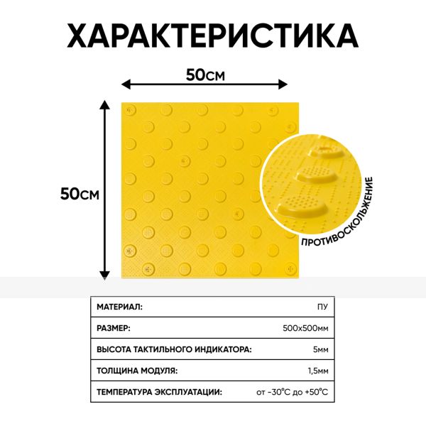 Плитка тактильная (непреодолимое препятствие, конусы шахматные) противоскользящая, 500х500х5, ПУ, желтый – фото № 2
