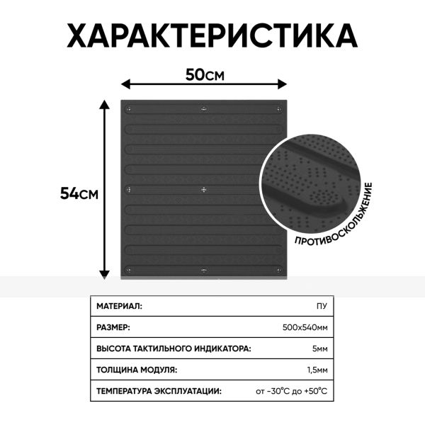 Плитка тактильная (направление движения, полоса) противоскользящая, 500х540х5, ПУ, черный – фото № 2