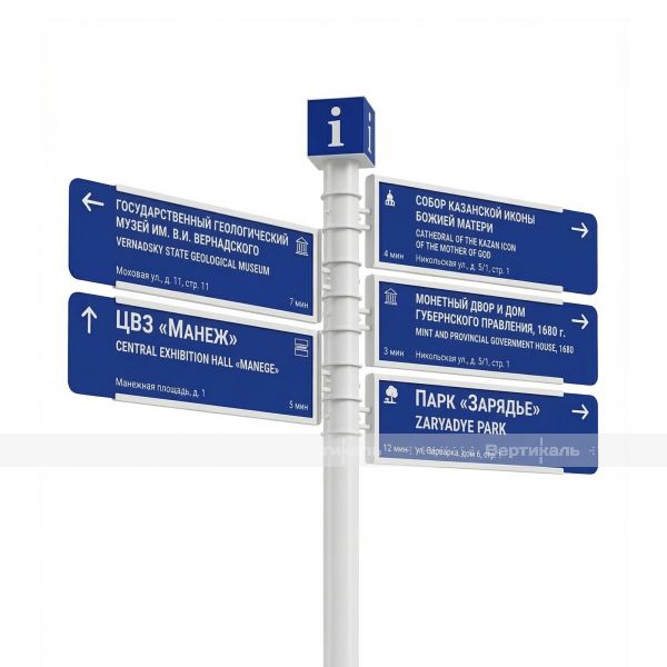 Указатель туристический серебристо-серого цвета на пять направлений с поворотными механизмами высотой 3500мм – фото № 2