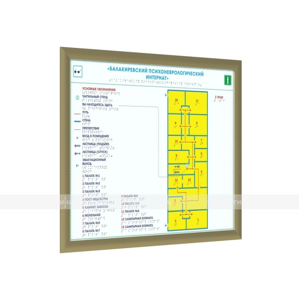 Мнемосхема тактильная стандартная на ПВХ 5 мм с защитным покрытием в золотой рамке 24мм, с индивидуальными размерами – фото № 1